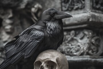 Fototapeta premium Raven Perched on Skull in Gothic Setting