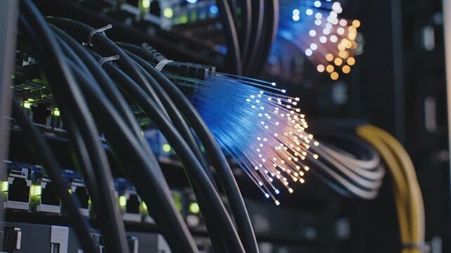 Fiber optic cables glowing with blue and yellow light in a server room