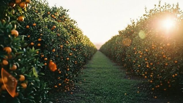 Rows of ripe oranges on trees in a citrus orchard at sunset.
