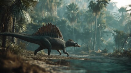 Fototapeta premium Spinosaurus aegyptiacus Walking Along Tropical Riverbank