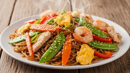 Delicious Asian Noodles with Shrimp and Vegetables.