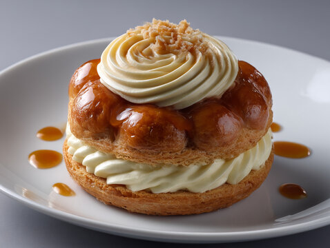 Delicious paris-brest french pastry with cream and caramel