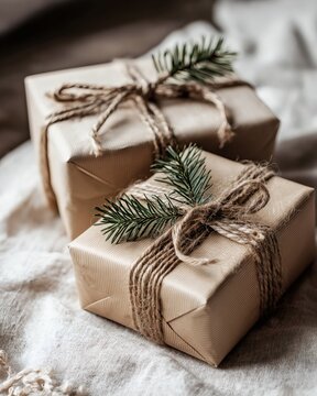 Elegant brown paper parcels adorned with rustic twine and evergreens.