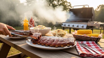 Delicious BBQ Ribs and Corn on the Cob on a Wooden Picnic Table with a Smoking Grill in the Background.