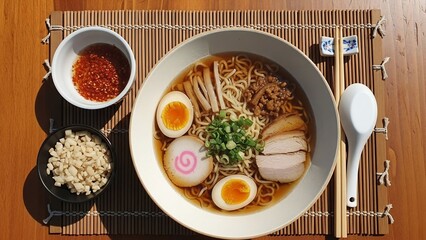 Delicious bowl of ramen with eggs, pork, and noodles on a bamboo mat, ready to eat.