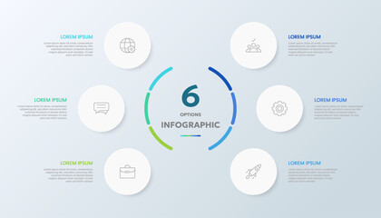 Infographic template for presentations featuring circular paper elements with business icons.