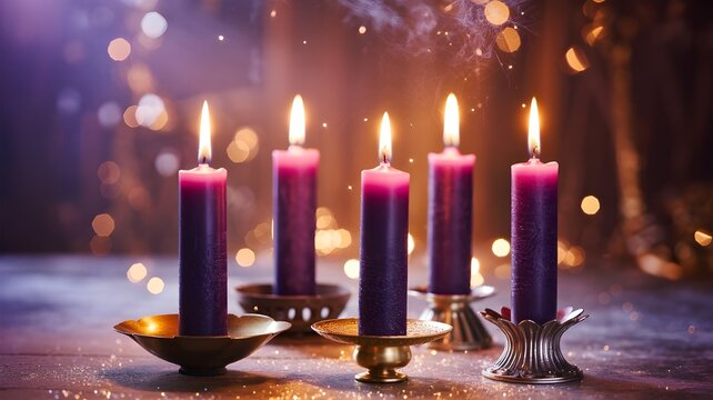 advent candles four purple candle lights on a table - Powered by Adobe