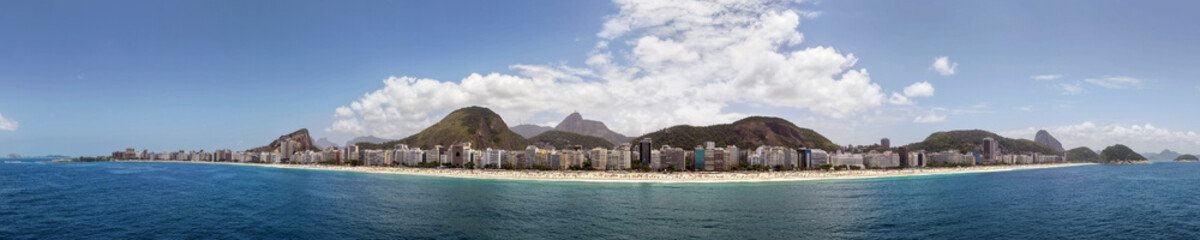 Rio de Janeiro, Brazil, aerial view panorama of Copacabana Beach, Ipanema, the city skyline with the rocky hills full of vegetation, Copacabana Fort, Avenida Atlantica (Atlantic Avenue)