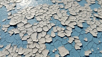 Close-up view of old, cracked, and peeling white paint on a blue surface, showing signs of wear and deterioration.