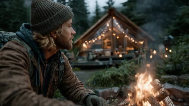 A handsome male camper collecting firewood near a pine forest campsite in Oregon at dusk using gloves for safety.
