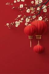 Flat 3d Chinese New Year banner with minimalist style. Simple geometric lanterns, stylized cherry blossoms, and gold accents on a red background.