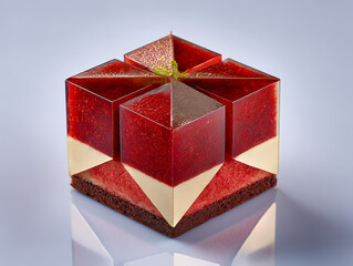 Geometric red and gold modern dessert on reflectiv surface