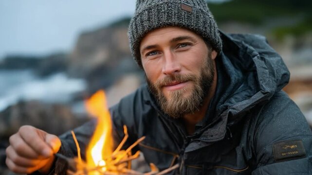 Camper Lighting Campfire at Rocky Beach