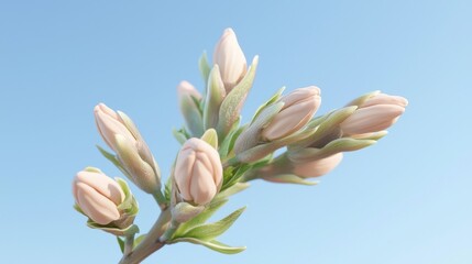 first day of spring concept. Delicate flower buds against a clear blue sky, showcasing the beauty of nature in springtime.