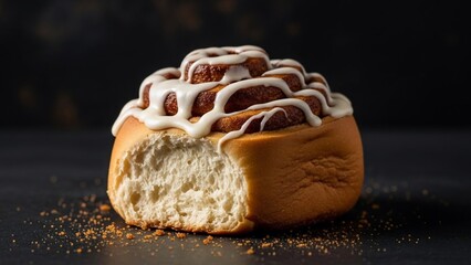 Delicious Cinnamon Roll with Cream Cheese Frosting and a Bite Taken Out.