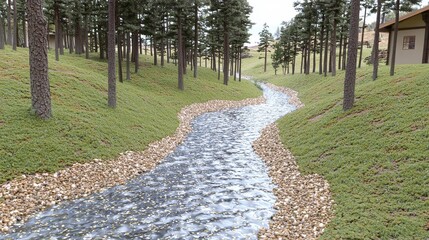 first day of spring concept. A serene river flows through a lush green landscape, framed by trees and scattered stones, creating a tranquil natural scene.