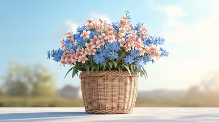 first day of spring concept. A vibrant bouquet of pink and blue flowers in a woven basket, set against a soft, blurred outdoor background.