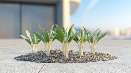 first day of spring concept. A cluster of vibrant green plants growing from gravel in a modern urban environment, showcasing nature's resilience amidst concrete.