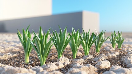 first day of spring concept. Green succulent plants growing in sandy soil with a minimalistic background under a clear sky.