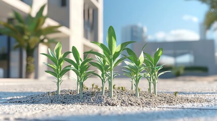 first day of spring concept. Young green plants sprouting from gravel near modern architecture, symbolizing resilience and growth in an urban environment.