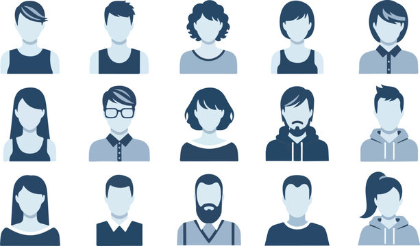 Avatar icons with male and female heads, man and woman portrait. Faceless flat silhouette characters, people no faces, social media anonymous user profile icon. Vector minimal set.eps