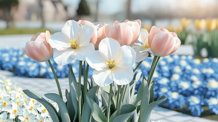 first day of spring concept. A vibrant bouquet featuring pink tulips and white flowers, surrounded by a colorful floral landscape.