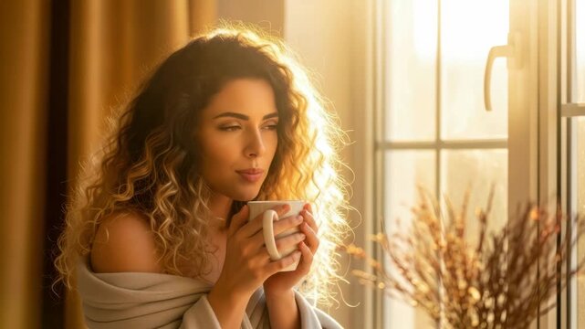 Serene Morning Ritual: A woman embraces tranquility by a window, gently holding a warm mug, enveloped in the soft embrace of sunlight, and enjoying a moment of peaceful reflection.