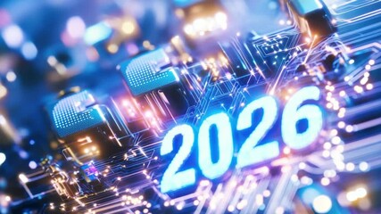 Future Code: Digital Circuitry Visualizing the Year 2026. Futuristic digital circuit board with a bold display of the year 2026, offering a glimpse into technological innovation and progress.