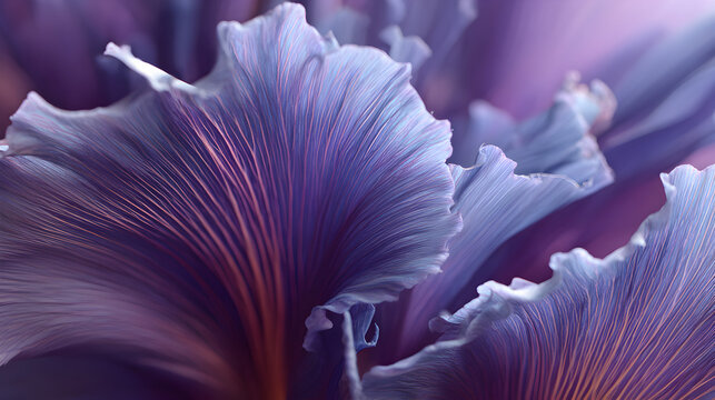 Extreme close up macro photograph reveals intricate velvety texture and delicate veining of deep purple and blue flower petals
