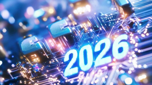 Future Code: Digital Circuitry Visualizing the Year 2026. Futuristic digital circuit board with a bold display of the year 2026, offering a glimpse into technological innovation and progress. - Powered by Adobe