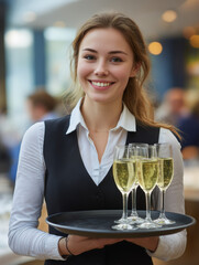 Waitress smiling holding tray of champagne glasses
