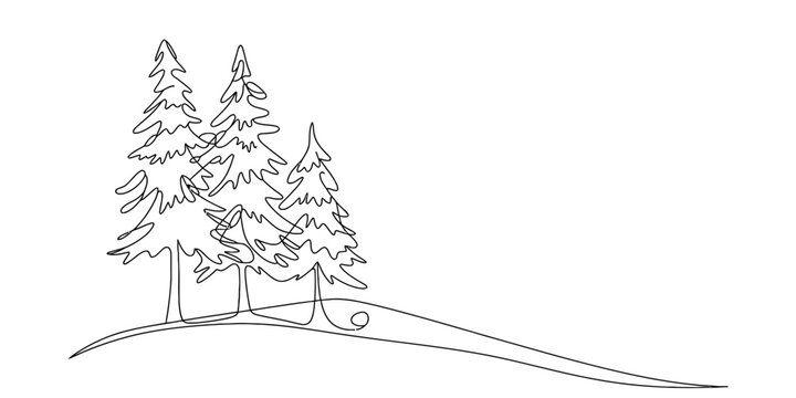 Continuous line drawing of three pine trees standing on a rolling landscape hill Vector, illustration