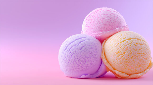 Three pastel ice cream scoops stacked on a smooth gradient pink background, minimalist dessert still life with soft studio light, playful summer sweetness for modern advertising layouts. copy space
