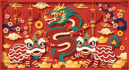 Festive Chinese New Year Celebration with Dragon, Lions, and Golden Ingots