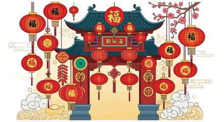 Festive Chinese New Year Gate with Hanging Lanterns