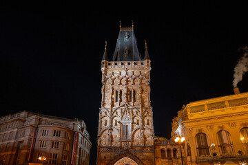 Prague streets and statues at night
