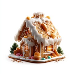 Gingerbread house polished 3D cartoon gingerbread with icing, isolated