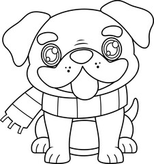 Cute Pug Dog Wearing Scarf Cartoon Character Sitting and Smiling – Black and White Vector Hand Drawn Illustration Isolated On Transparent Background