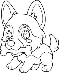 German Shepherd Puppy Dog Cartoon Character Holding Bone – Black and White Vector Hand Drawn Illustration Isolated On Transparent Background