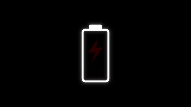 Empty battery warning indicator animation flashing to show low power on black background