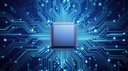 Central computer chip on a glowing blue circuit board symbolizing advanced technology, data processing, and digital innovation.