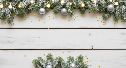 Overhead shot of fir branches covered with snow and lights, silver baubles and golden star confetti on a white wooden surface. Christmas concept. Free space
