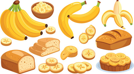 Banana collection vector set. Fruit, sliced, smoothie, baked bread, cake, and fried snacks illustration © Afjal12