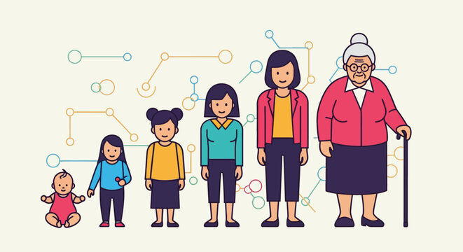 Stages of a Woman's Life Cartoon Illustration of Development Through Adulthood and Old Age