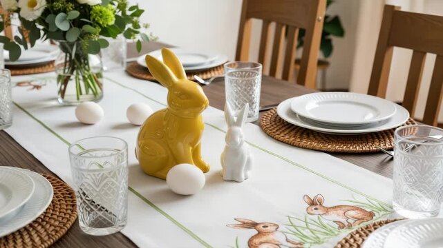 Easter Table Decoration: A festive table setting adorned with Easter-themed decorations, including charming bunny figurines, fresh flowers, and delicate place settings.