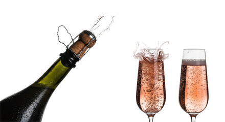 dark traditional champagne bottle uncorking at high speed, projecting ultra-sharp rosé wine droplets and wooden cork against a white studio background. luxurious celebration concept