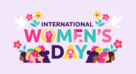 International Women's Day Celebration with Diverse Faces and Floral Accents