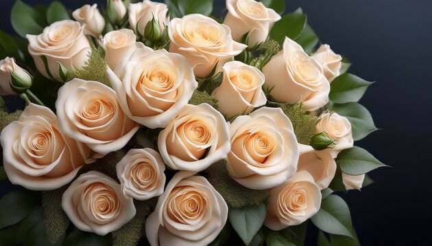 a beautiful bouquet of creamy roses with some green leaves