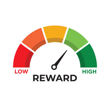 Reward Meter, measuring scale, speedometer, indicator. Low to High, From red to green level, Meter, Vector stock illustration, Risk vs Return, High risk high return business concept