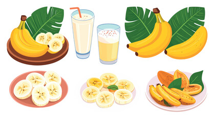 Banana dessert collection set. Smoothie, shake, raw and fried bananas, slices, and tropical leaves illustration